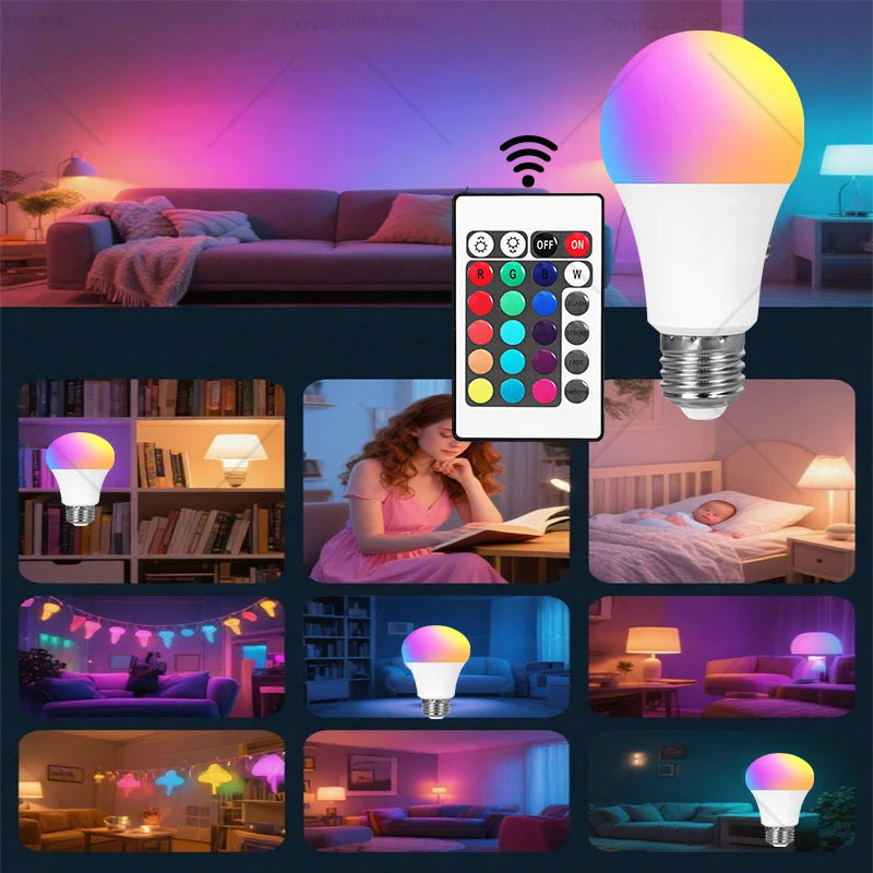 E27 RGB LED Light Bulb 220V with IR Remote 24 Control Color Changing Multicolor Lamp Spotlight for Bedroom Party Home Decor