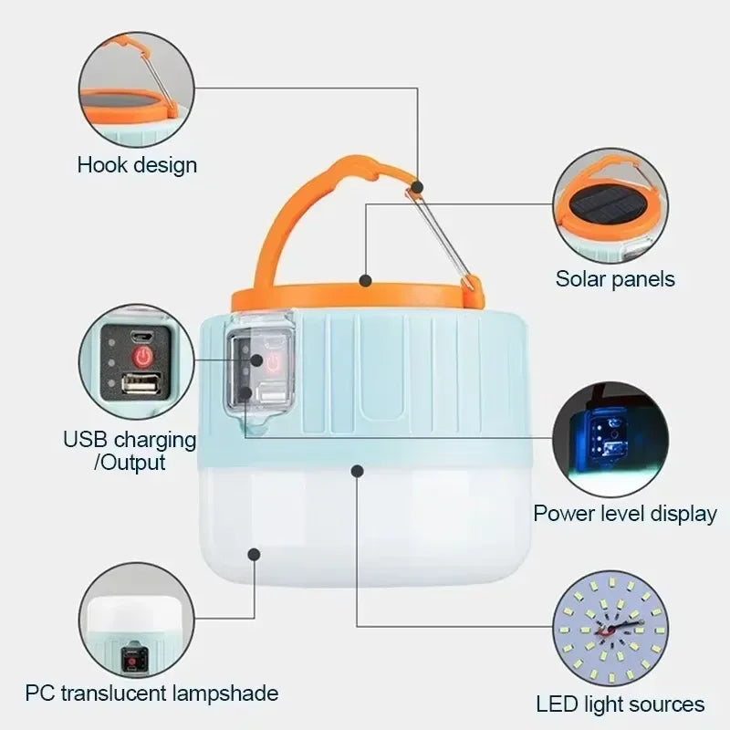Solar Camping Lantern Rechargeable LED Portable Work Light w/Remote,Power Bank Flashlight Outdoor Emergency Lamp for Fishing BBQ